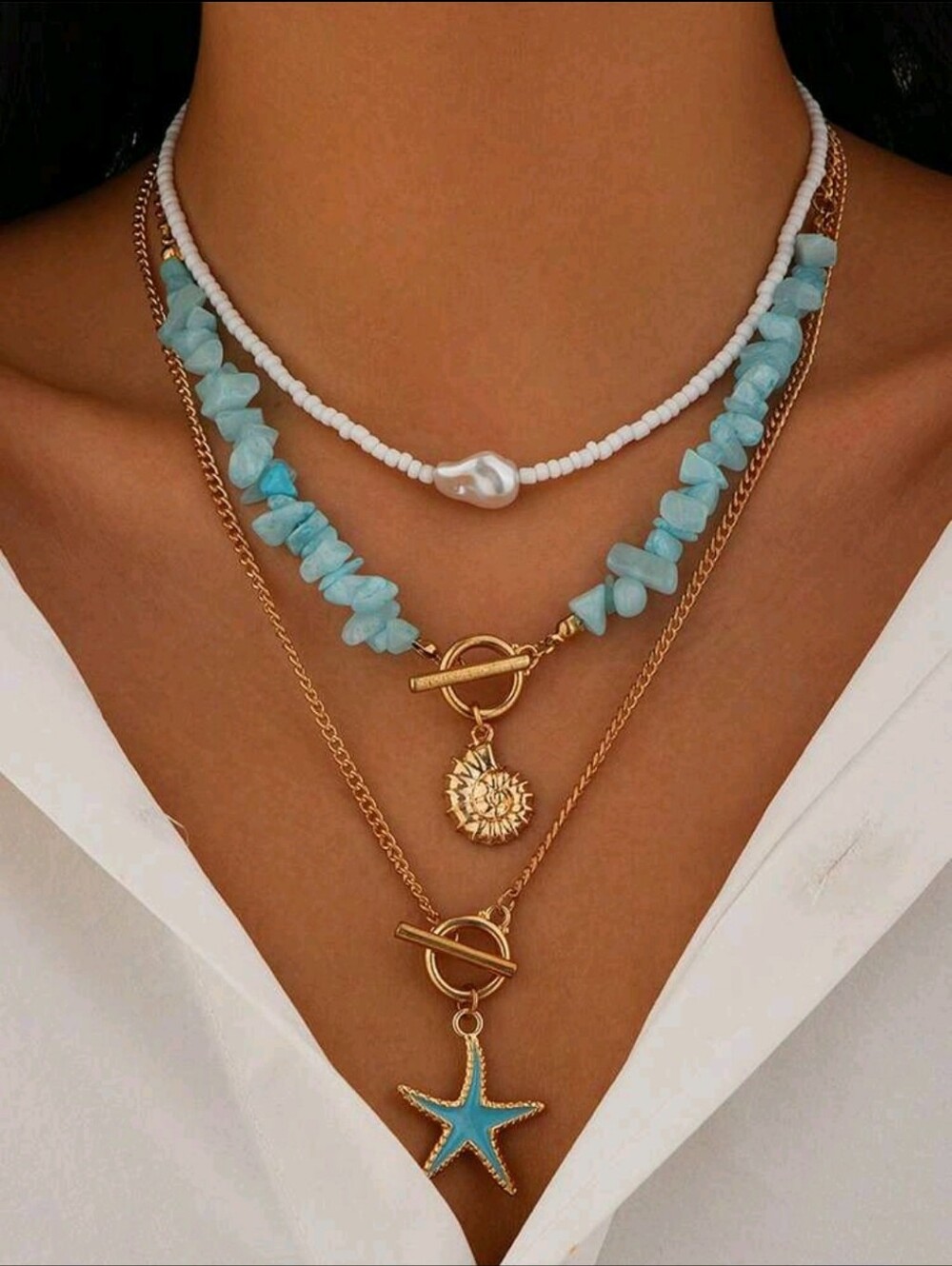 BRAND NEW ** Turquoise Bead & Gold Layered Necklace Set